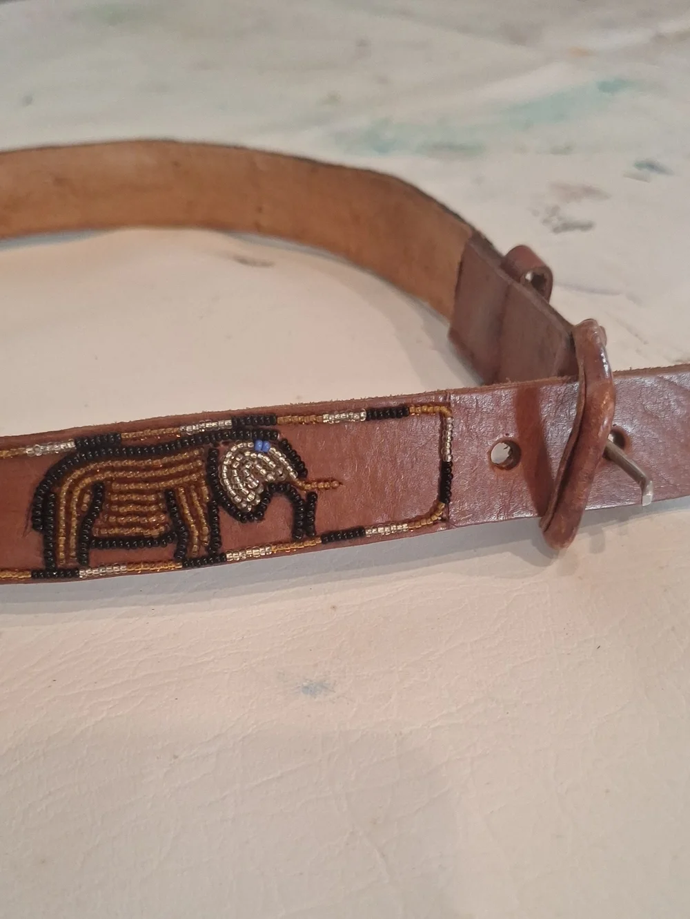 Brown Beaded Elephant Leather Belt - Women's Accessory